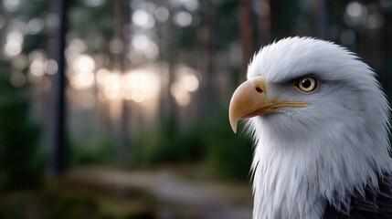 Obraz premium Bald Eagle Profile Shot in Forest with Golden Sunlight and Detailed Feathers and Intense Gaze In Natural Habitat with Blurred Background Cinematic Lighting