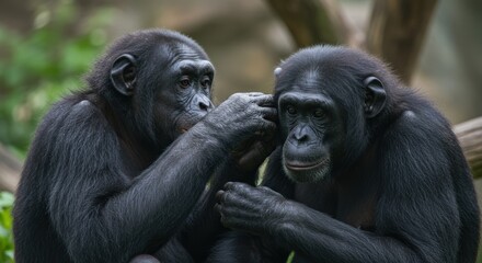 Obraz premium Chimpanzees grooming each other in jungle setting