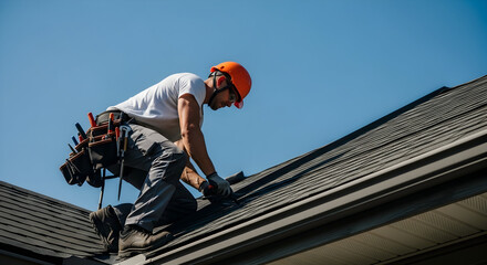 Professional Gutter Worker on Roof Installing or Repairing Elements Under a Clear Sky