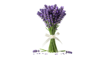 Fototapeta premium Fresh lavender bouquet tied with white ribbon, fragrant purple flower bunch on transparent background, aromatic herbal lavender sprigs for wedding decor