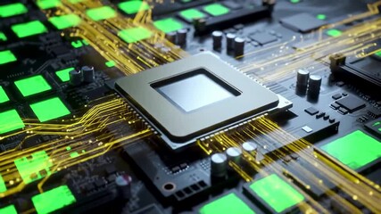 A closeup of a powerful CPU processor on a motherboard with glowing green components and yellow light trails representing data flow and highspeed computing in a futuristic technological concept. - Powered by Adobe