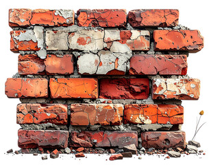Weathered brick wall with cracks and debris
