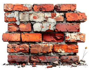 Weathered brick wall with cracks and debris