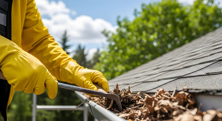 Professional Gutter Worker Cleaning Roof Gutter Filled with Leaves and Debris on a Sunny Day, Home Maintenance Concept.