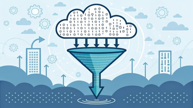 Data funnel concept illustrating cloud computing with binary code, technology, and analytics in a modern digital environment