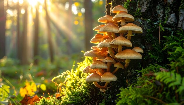 Sunlight streams through forest canopy, illuminating cluster of mushrooms on tree trunk