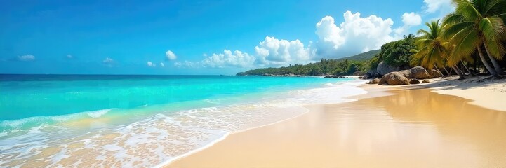 Obraz premium Sun-kissed sand, turquoise waves gently lapping the shore, and a vibrant blue sky create a stunning coastal paradise Perfect for travel, vacation, and summer themes , blue, nature