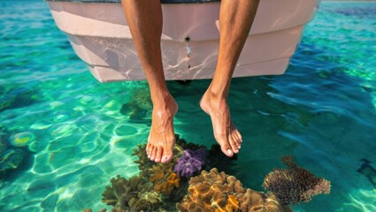 Serene human feet dangling above colorful coral reef in clear turquoise water, ideal for travel blogs, summer promotions, or coastal decor.