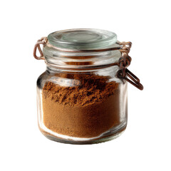 Clear glass jar with lid, filled with a brown spice