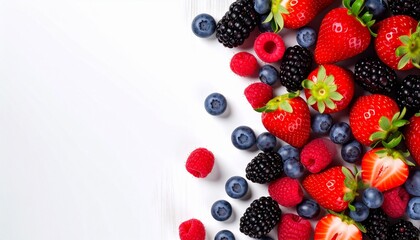 Obraz premium An overhead flat lay of assorted fresh summer berries, including strawberries, blueberries, raspberries, and blackberries, on a white background with copy space