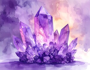 Purple crystal cluster, watercolor style