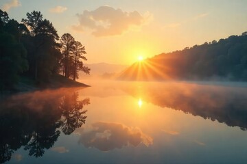 Sunrise over a tranquil lake on a Sunday morning, mist rising, reflecting golden light Peaceful scene signifying renewal and hope A fresh start to the week , serenity, daybreak, new beginning