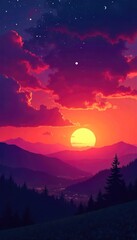 The sun dips below the horizon, painting the sky in vibrant hues of orange, pink, and purple as twilight descends Stars begin to glimmer, heralding the arrival of night , calmness, stillness