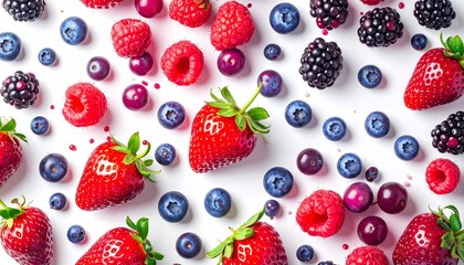 Overhead flat lay of a colorful summer berry medley with ripe strawberries, juicy blueberries, raspberries, and blackberries creating a healthy food pattern