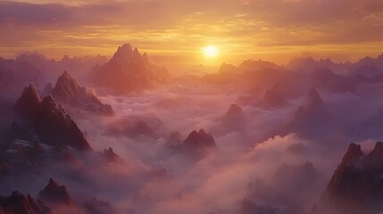 Fototapeta premium Breathtaking aerial view of majestic mountains at sunset with golden light and mystical fog for serene peaceful scenic landscape dramatic natural beauty atmospheric concept