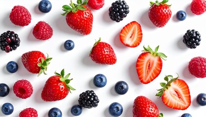 A vibrant overhead flat lay of assorted fresh summer berries, including strawberries, blueberries, raspberries, and blackberries on a white background