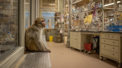Lonely monkey sitting on lab table in modern re facility surrounded by scientific equipment and glassware with a focus on animal behavior and laboratory environment.