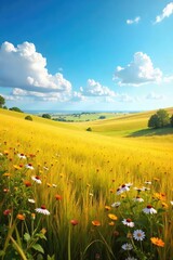 Vast expanse of golden prairie grassland swaying gently in the breeze, wildflowers dotting the landscape under a bright summer sky A tranquil scene of untouched nature , plain, summer, blue