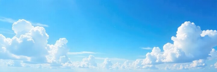 Vast expanse of serene blue sky, fluffy white clouds drift lazily across the horizon, a perfect summer day Ideal for backgrounds, travel, nature, and peaceful imagery , pure, altitude, bright