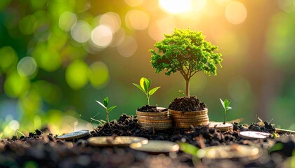 Tree planting on a pile of money, tree on the coin, money-saving ideas, growing and investing in the future