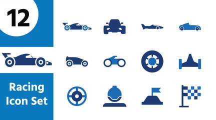 Racing Car, Formula 1, Motorcycle, Helmet, Podium and Finish Flag Icon Set Vector
