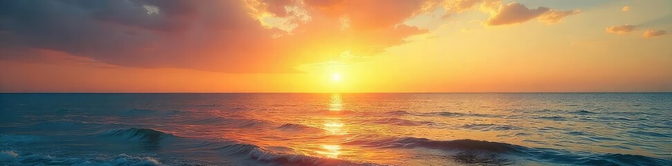 Vast, tranquil seashore horizon at sunset Golden light paints the sky and calm ocean, creating a serene and peaceful atmosphere Perfect for travel, nature, or relaxation themes , sand, blue, travel