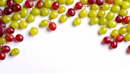 A vibrant assortment of red and green grapes scattered across a clean white background, creating a natural border with copy space