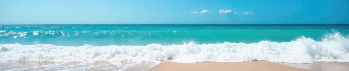 Vast, turquoise ocean waves crashing on a sandy shore under a bright blue sky; a breathtaking seascape perfect for travel, nature, and serenity themes , ocean, landscape, holiday