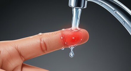Relieving painful throbbing finger injury with cool running tap water relief