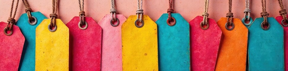 Colorful Fabric Tags Tied Together in a Creative Bundle, Perfect for Scrapbooking and DIY Crafts.  A Vibrant Rainbow of Textures and Shapes for Artistic Projects.