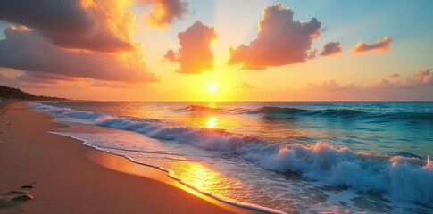 Vast, tranquil seashore horizon at sunset  Golden light paints the sky and calm ocean waves meet the sandy shore  Perfect for travel, nature, and serenity themes , horizon, light, waves