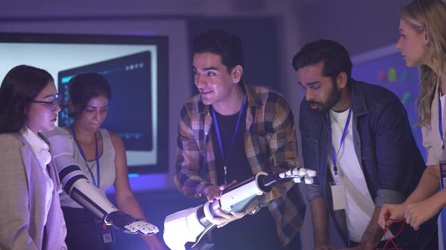 A team of biomedical engineers reviews a new bionic prosthetic, analyzing its myoelectric sensors and micro-actuators that allow for intuitive, lifelike movement and grip control.