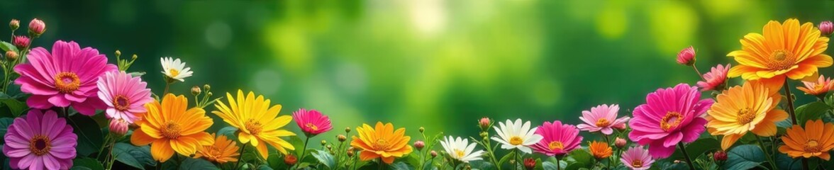 Vibrant border of colorful flowers blooming in a lush garden, creating a natural, beautiful frame Perfect for design projects needing a floral touch , vivid, wildflowers