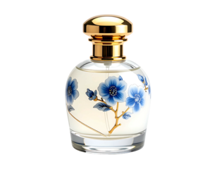 Clear glass perfume bottle with ornate gold cap and blue floral design