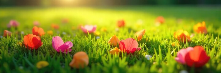 Vibrant, freshly fallen flower petals scattered on lush green grass, illuminated by soft sunlight  Perfect for spring, nature, and floral themes , petal,  colorful
