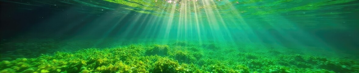 Vibrant green algae blooms in a calm, clear lake Sunlight filters through the surface, illuminating the underwater world Perfect for environmental or nature themes , phytoplankton, tranquil, serene
