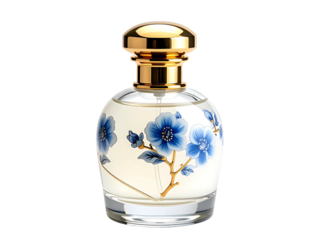 Clear glass perfume bottle with ornate gold cap and blue floral design