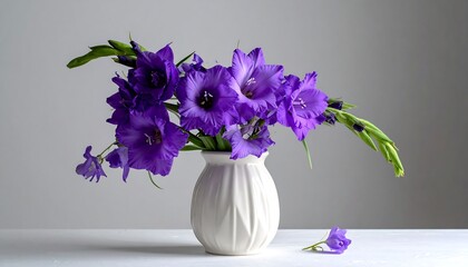 Purple gladioli in a white vase