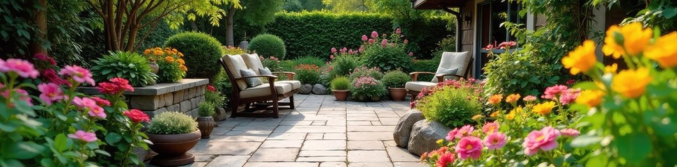 Obraz premium Vibrant patio garden overflowing with colorful flowers, lush greenery, and charming stone accents Perfect for relaxation and outdoor entertaining , chairs, leaves, fountain