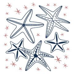 A charming collection of five distinct navy blue starfish illustrations with intricate line details scattered amongst small scattered coral pink star shapes on a clean white background