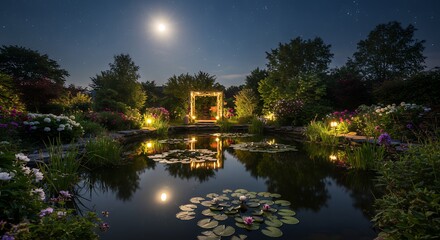 Obraz premium Moonlight garden pond scene