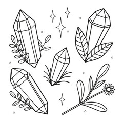 A collection of hand drawn black and white crystal illustrations with botanical elements and sparkling stars perfect for mystical and natural designs