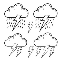 A collection of simple black and white line art illustrations depicting various weather phenomena including rain clouds with lightning bolts and multiple lightning strikes