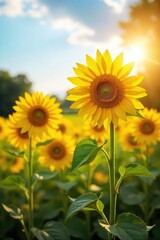 Obraz premium Vibrant sunflowers basking in the warm glow of summer sunshine, their golden petals reaching towards the sky A picturesque scene of nature's beauty and idyllic summer days , rays, natural, bloom