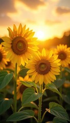 Fototapeta premium Vibrant sunflowers bask in the golden sunlight, their faces turned towards the radiant sun A picturesque scene of summer joy and natural beauty , blossom, rays, close-up