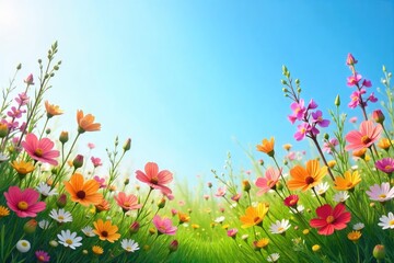 Obraz premium Vibrant, sunlit border of wildflowers blooming profusely against a clear blue sky Perfect for spring, summer, nature, and travel themes Shows a lush, thriving natural border , sunlit, background