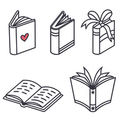 Collection of stylized line art icons representing different types of books including an open book a closed book a book with a heart and a book presented as a gift