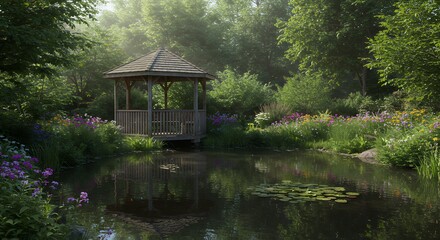 Obraz premium Peaceful garden gazebo by water feature