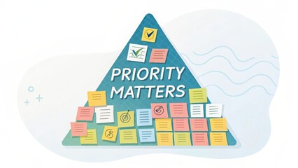 Colorful pyramid with sticky notes and text highlighting the importance of prioritizing tasks in a work or personal setting