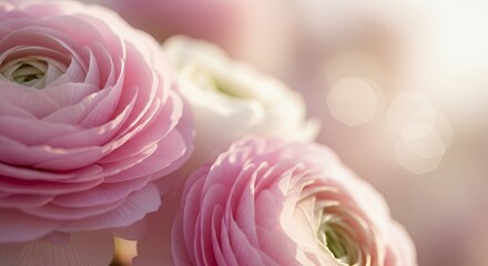 Beautiful pink ranunculus flowers in full bloom with delicate petals and soft sunlight. Romantic floral background symbolizing love, elegance, and natural beauty, perfect for spring and wedding themes